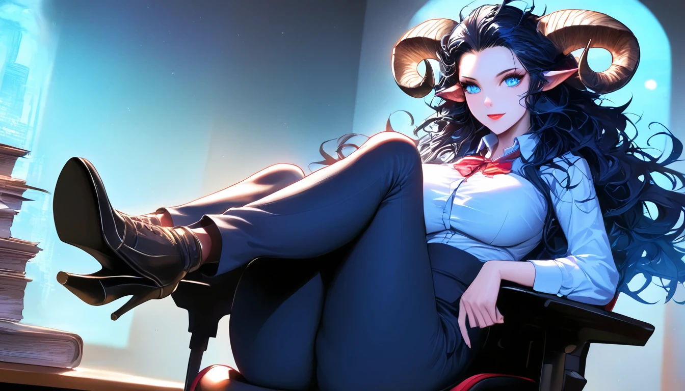 best quality,4k,8k,highres,masterpiece:1.2),ultra-detailed, extremely detailed eyes, extremely detailed body, (large masterpiece digital art), (detailed manga illustration), (detailed line art), ((perfect anatomy)), (intricate details:1.3), (ultra-detailed:1.3), (illustration:1.3), (sharp focus:1.3), (natural lighting:1.05), (vivid colors:1.3), (masterpiece), (best quality:1.4), (perfect anatomy:1.4), high quality, expressive eyes, full body, detailed face, beautiful face, perfect face, 1 girl, large breasts, very long hair, black hair, curly hair, wild hair, detailed hair, white dress shirt, black pants, pale skin, sapphire-blue eyes, demon, blue halo, sheep horns, curled horns, (horizontal pupils), sexy face, pointy ears, splash art, the demon girl, curvy, sitting in an office chair at a desk with feet on desk, black high heels, cinematic lighting, dramatic atmosphere, Atey Ghailan, Jeremy Mann, Greg Manchess, Antonio Moro, trend in ArtStation, trend in CGSociety, Intricate, High Detail, Sharp focus, dramatic and photorealistic painting art by Midjourney and Greg Rutkowski, Jeff Bridges, ((cartoon style)), Marvel Cinematic Universe style, (((darkly lit office in the background))),