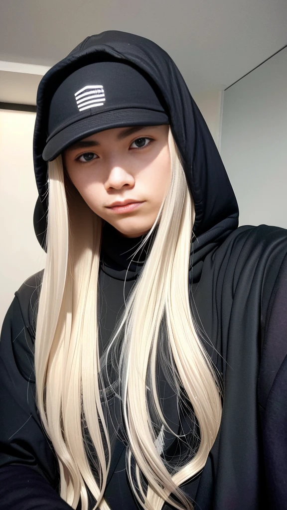 One Man、28 years old、Straight Hair、Blonde、Wide double eyelids、(Black Mask)、Black hoodie、Black trousers、Perfect photo、raw、8K、Beautiful photo、Highest quality、bangs、Patsun、Semi-long hair、Hotel