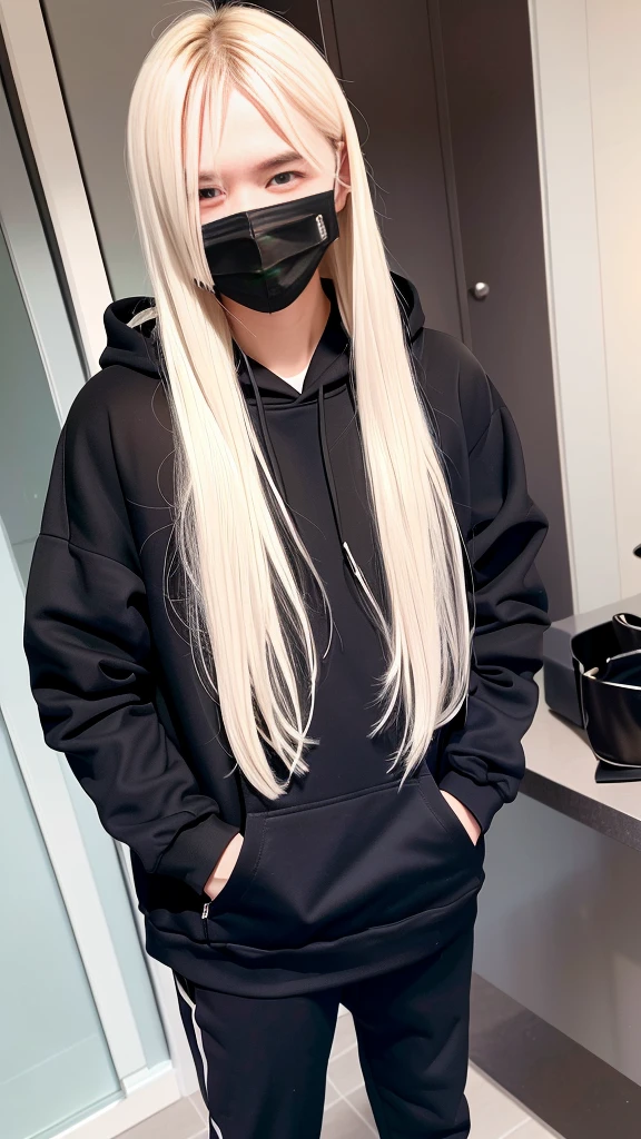 One Man、28 years old、Straight Hair、Blonde、Wide double eyelids、(Black Mask)、Black hoodie、Black trousers、Perfect photo、raw、8K、Beautiful photo、Highest quality、bangs、Patsun、Semi-long hair、Hotel