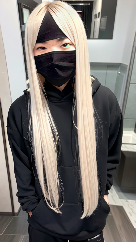 One Man、28 years old、Straight Hair、Blonde、Wide double eyelids、(Black Mask)、Black hoodie、Black trousers、Perfect photo、raw、8K、Beautiful photo、Highest quality、bangs、Patsun、Semi-long hair、Hotel