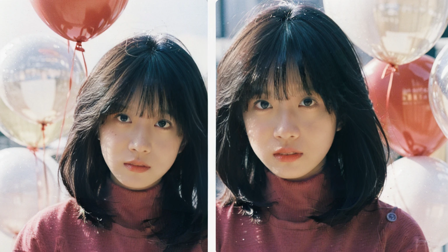 fashion portrait photo of beautiful young woman from the 60s wearing a red turtleneck standing in the middle of a ton of white balloons, taken on a hasselblad medium format camera , akina nakamori , shadow and light