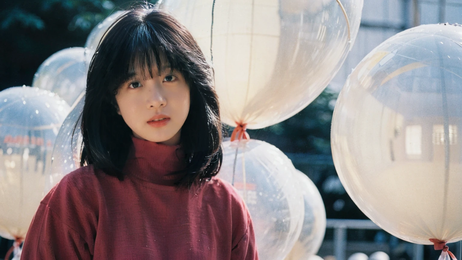fashion portrait photo of beautiful young woman from the 60s wearing a red turtleneck standing in the middle of a ton of white balloons, taken on a hasselblad medium format camera , akina nakamori , shadow and light
