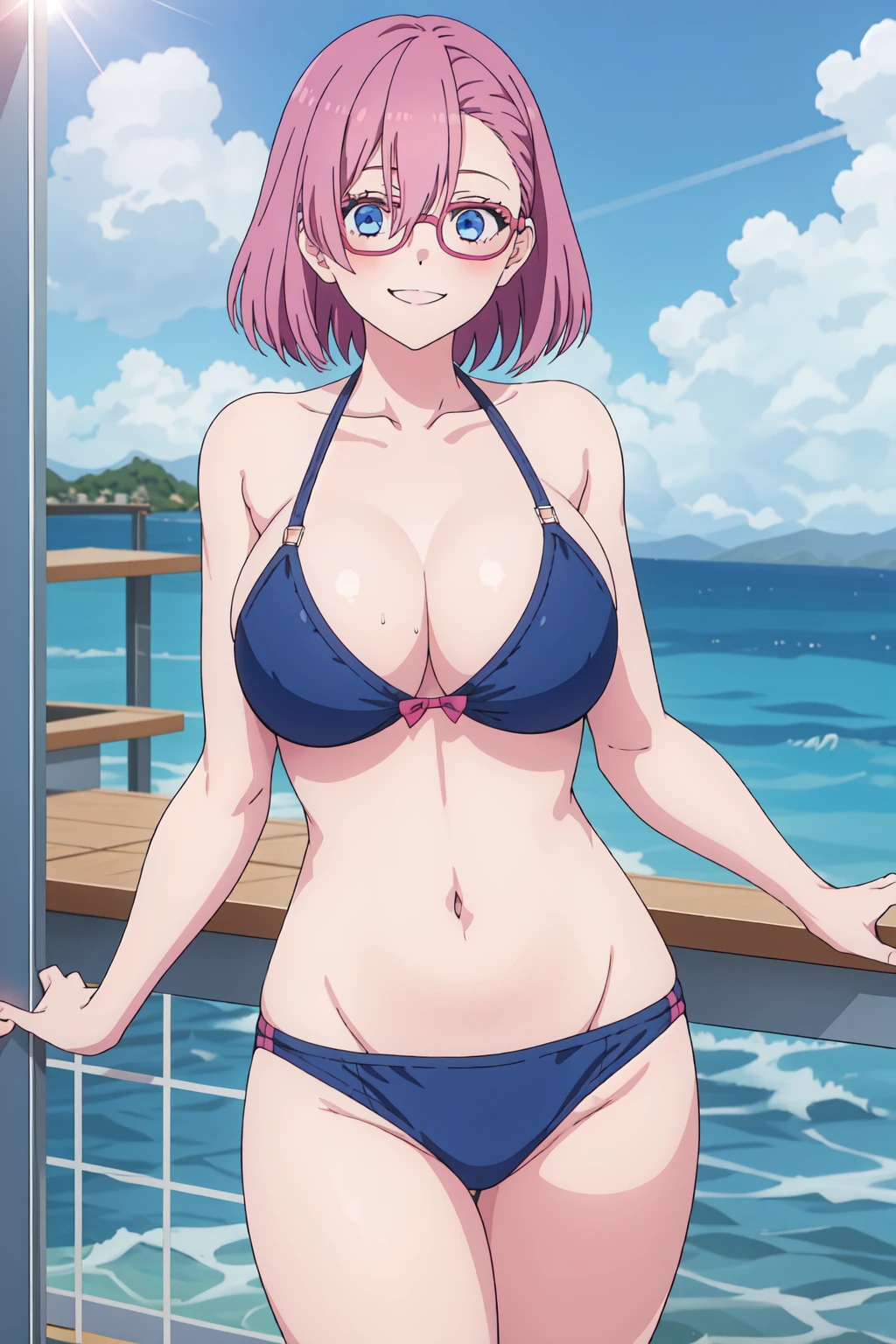 solo,1girl,Glasses, Blue eyes, pink hair,bangs,Short hair,Smiling, looking at the viewer, blue theme, blue background, cloudy sky, sunlight, sweat, bikini swimsuit, large breasts,belly button exposed, collarbone, thighs, sea ,