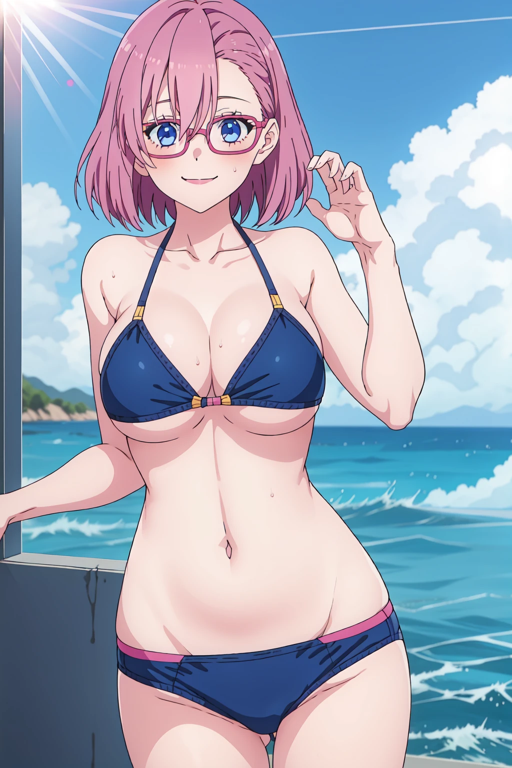 solo,1girl,Glasses, Blue eyes, pink hair,bangs,Short hair,Smiling, looking at the viewer, blue theme, blue background, cloudy sky, sunlight, sweat, bikini swimsuit, large breasts,belly button exposed, collarbone, thighs, sea ,