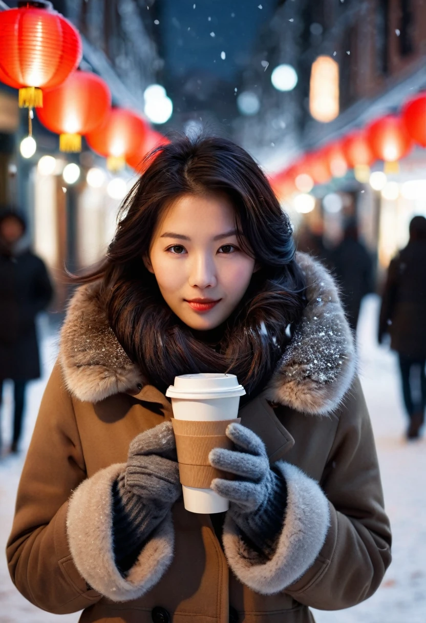 The image depicts a young woman standing outdoors on a snowy day. She is holding a hot beverage cup in both hands, which is likely a coffee or tea. The woman has short, dark hair, and she is dressed warmly in a brown, fur-lined coat. Snowflakes are falling gently around her, with some accumulating on her hair and coat. The background shows an urban street scene with blurred lights and some red lanterns, suggesting it might be a festive season or an area with cultural decorations. The overall mood of the image is serene and slightly melancholic, capturing a moment of quiet in the bustling city.