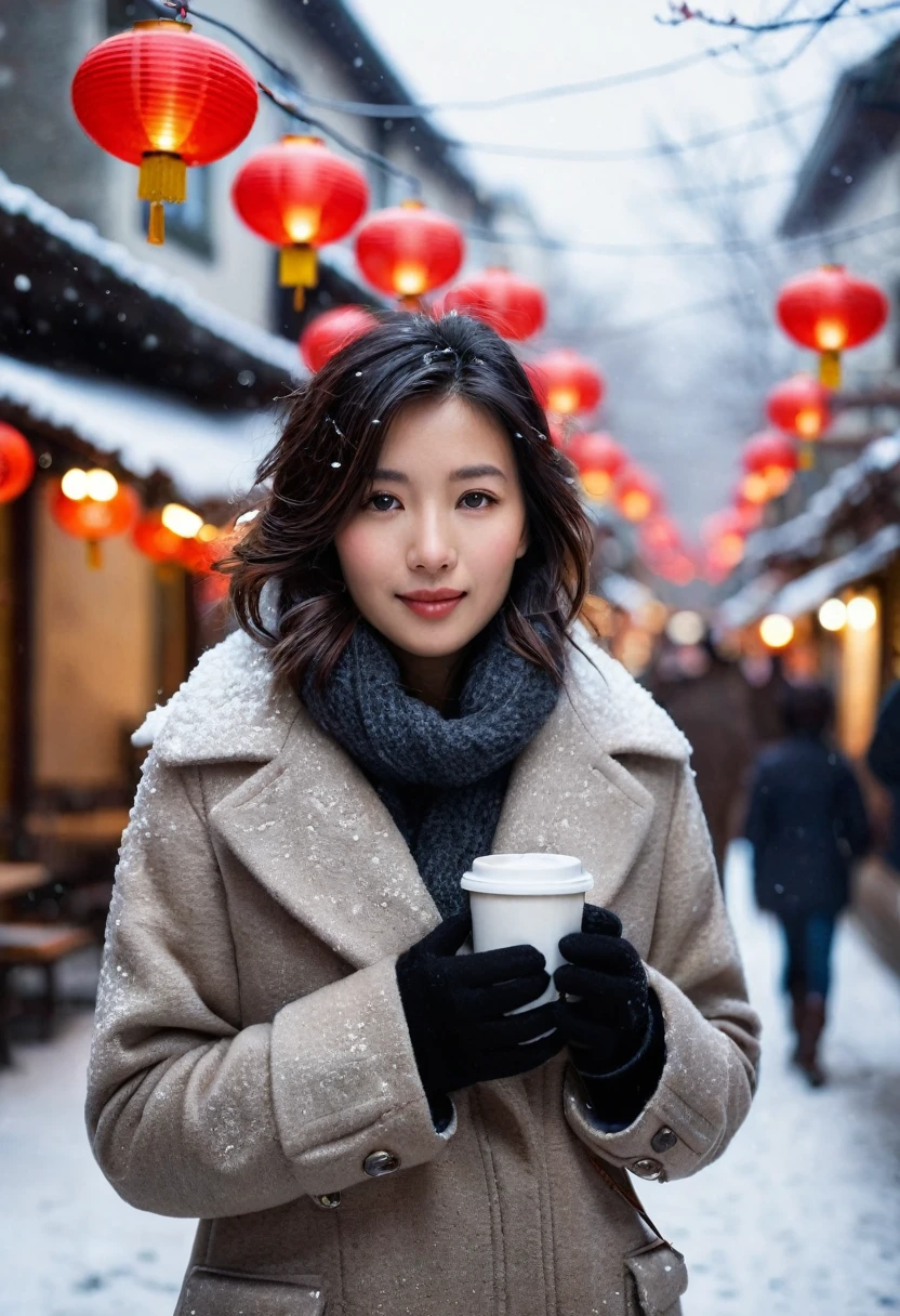 The image depicts a young woman standing outdoors on a snowy day. She is holding a hot beverage cup in both hands, which is likely a coffee or tea. The woman has short, dark hair, and she is dressed warmly in a brown, fur-lined coat. Snowflakes are falling gently around her, with some accumulating on her hair and coat. The background shows an urban street scene with blurred lights and some red lanterns, suggesting it might be a festive season or an area with cultural decorations. The overall mood of the image is serene and slightly melancholic, capturing a moment of quiet in the bustling city.