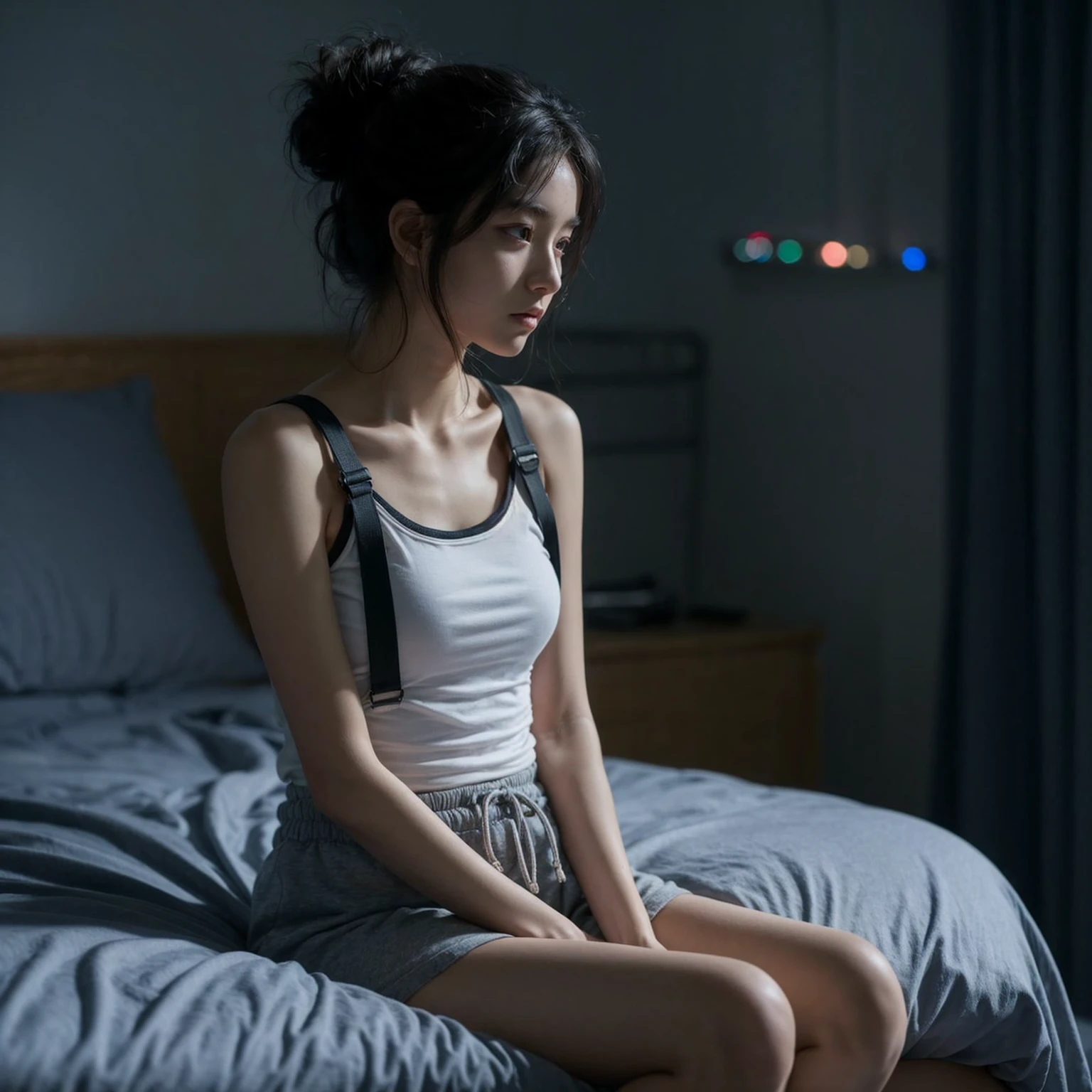 Create a realistic UHD 8K image of a young woman sitting on a bed in a dimly lit room. She is wearing a white tank top with black straps and grey drawstring shorts. Her hair is tied up in a messy bun, and she has a contemplative expression as she looks down. The room has a calm and intimate ambiance, with soft lighting highlighting her profile against a dark background, possibly showing the faint outline of city lights through a window. The setting should evoke a quiet, reflective mood.