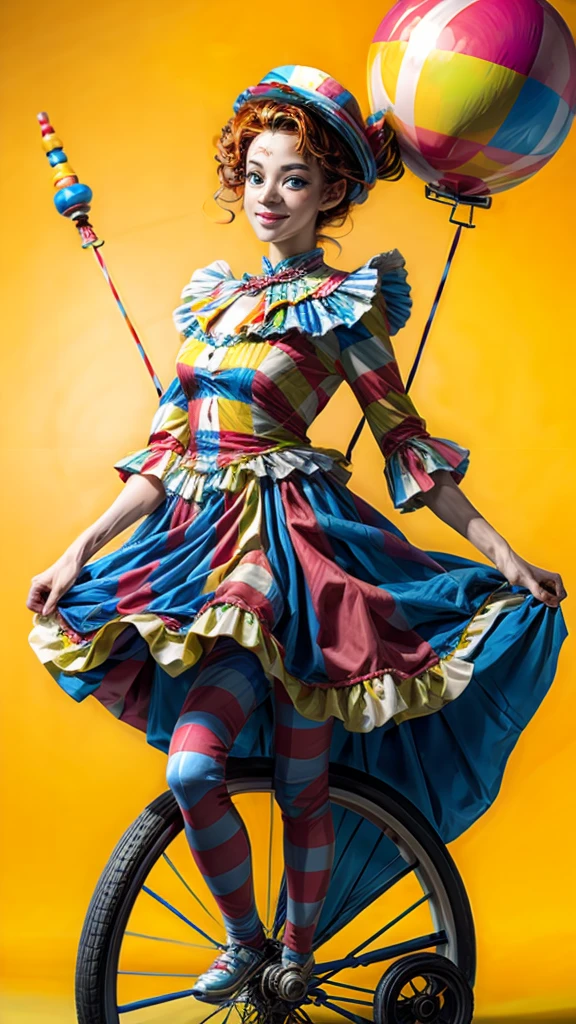 Beautiful circus clown、juggling、One-wheeler