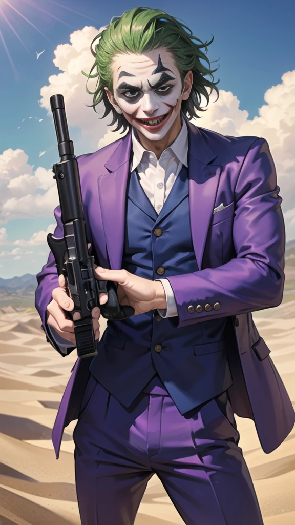 Masterpiece, best quality, The Joker wears a purple suit., , look at viewer, Aim the gun., ถือpistol, look at viewer, stand, , ((pistol)),((Aim the gun.ไปที่ผู้ชม)),gun possession, desert, Laugh and laugh ,explosion from gun , lots of smoke