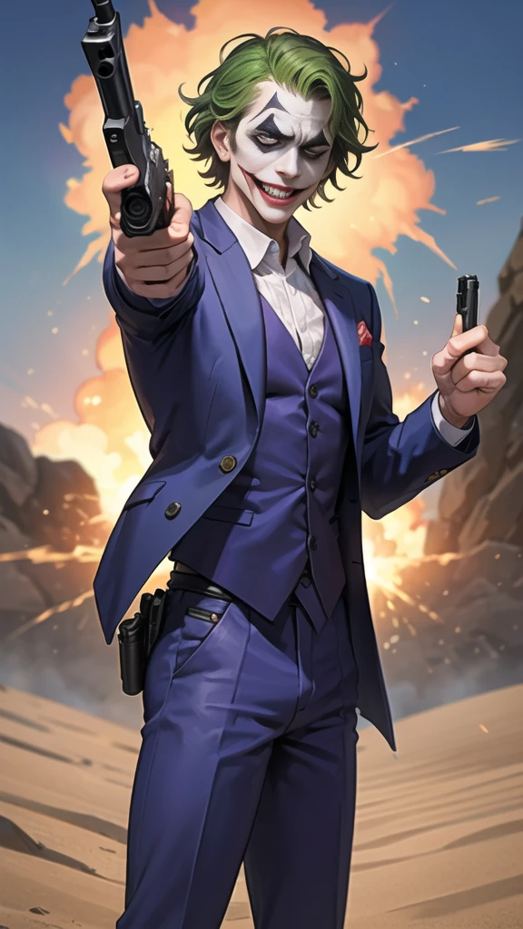 Masterpiece, best quality, The Joker wears a purple suit., , look at viewer, Aim the gun., ถือpistol, look at viewer, stand, , ((pistol)),((Aim the gun.ไปที่ผู้ชม)),gun possession, desert, Laugh and laugh ,explosion from gun , lots of smoke
