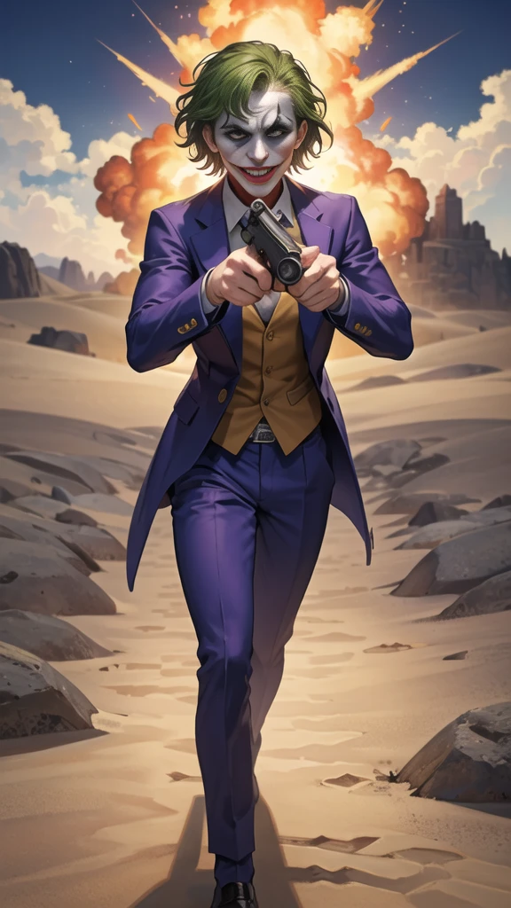 Masterpiece, best quality, The Joker wears a purple suit., , look at viewer, Aim the gun., ถือpistol, look at viewer, stand, , ((pistol)),((Aim the gun.ไปที่ผู้ชม)),gun possession, desert, Laugh and laugh ,explosion from gun , lots of smoke