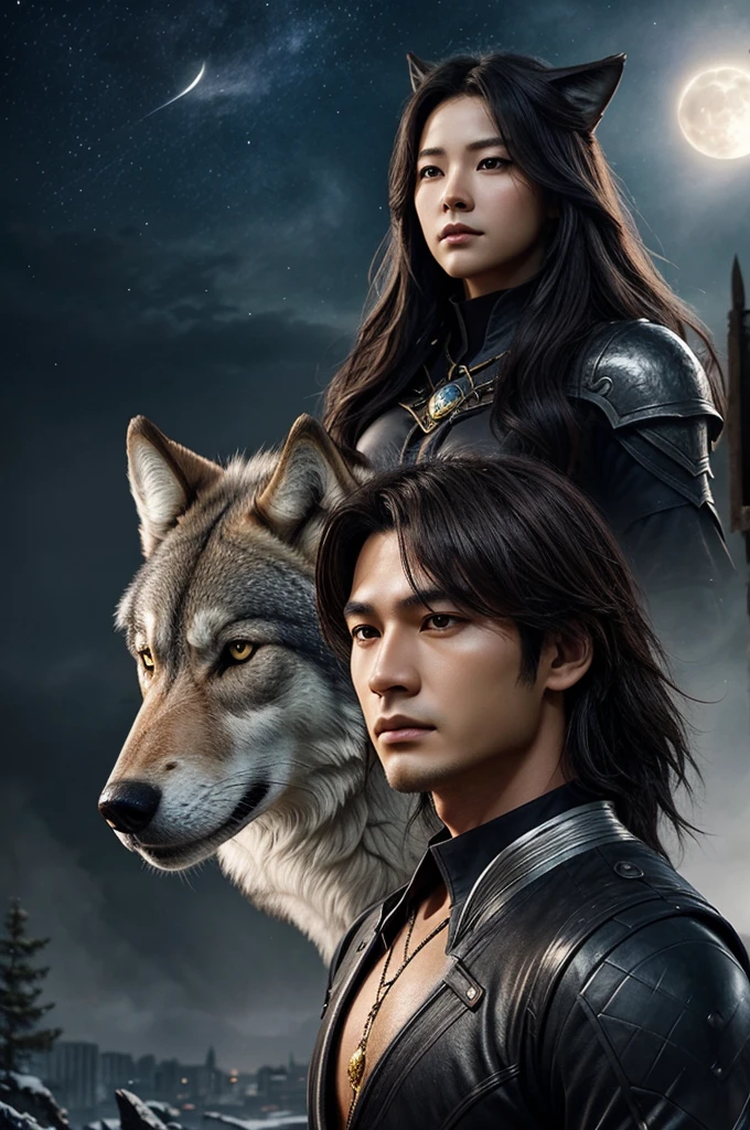 Create a cover for a fantasy romance web novel titled "Wolves of Fate." The cover should feature two central figures: Yoon-woo, an omega with soft, expressive features and dark hair, and Hyun-jin, a dominant alpha wolf with sharp features and a strong presence. The background should blend an urban cityscape with a moonlit forest. Use a dark, moody color palette with highlights of gold and silver. Include subtle wolf pack symbolism and a prominent full moon. The title "Wolves of Fate" should be bold and elegant at the top or center, with the author's name at the bottom in a matching font. Add a mystical aura around Yoon-woo to hint at his transformation ability, and ensure the characters' expressions convey their complex emotions.