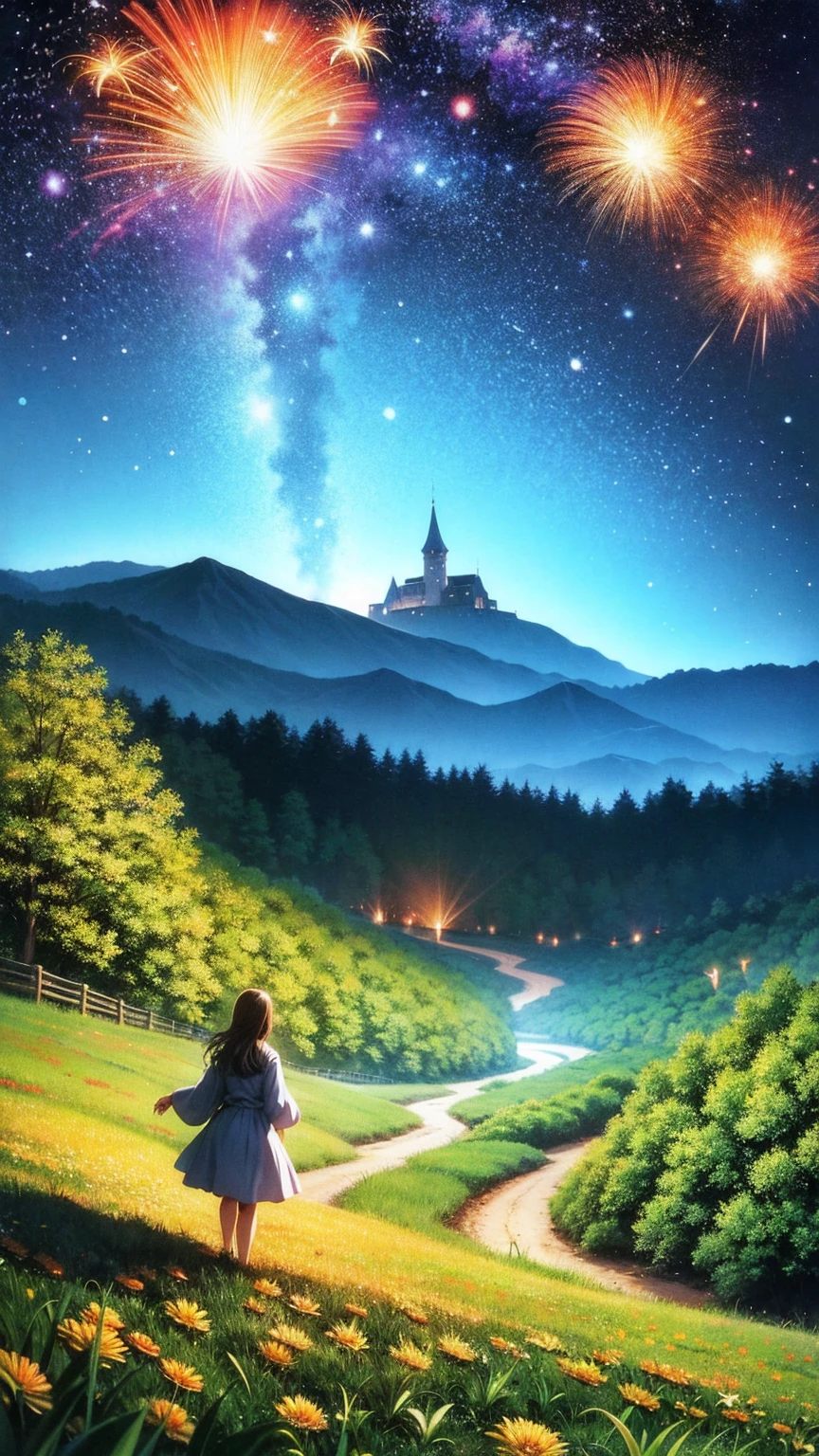 anime-style illustration, A serene landscape featuring a young woman is walking along a path The grassland, glowing flowers, fireflies. illuminated by stars, creating a magical glow, overlooking mountainous valley and the great castle of the kingdom, clear blue sky. highly saturated and vibrant style, intense and rich colors vivid. rendered with strong exaggerated colors that enhance the natural beauty.