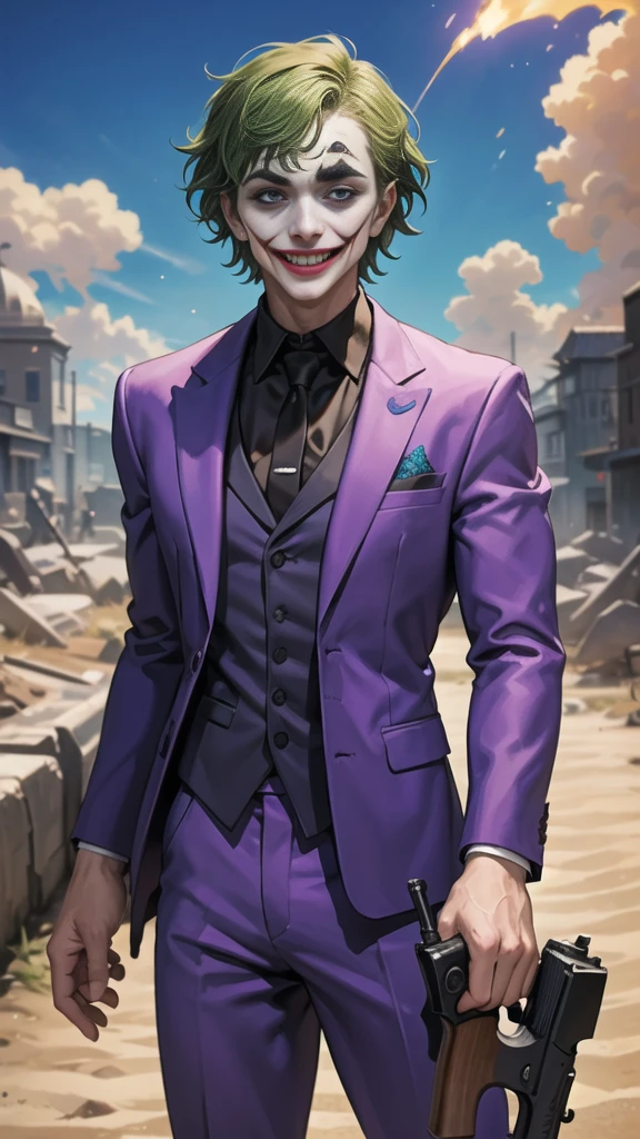 Masterpiece, best quality, The Joker wears a purple suit., , look at viewer, Aim the gun., ถือpistol, look at viewer, stand, , ((pistol)),((Aim the gun.ไปที่ผู้ชม)),gun possession, desert, Laugh and laugh ,explosion from gun , lots of smoke
