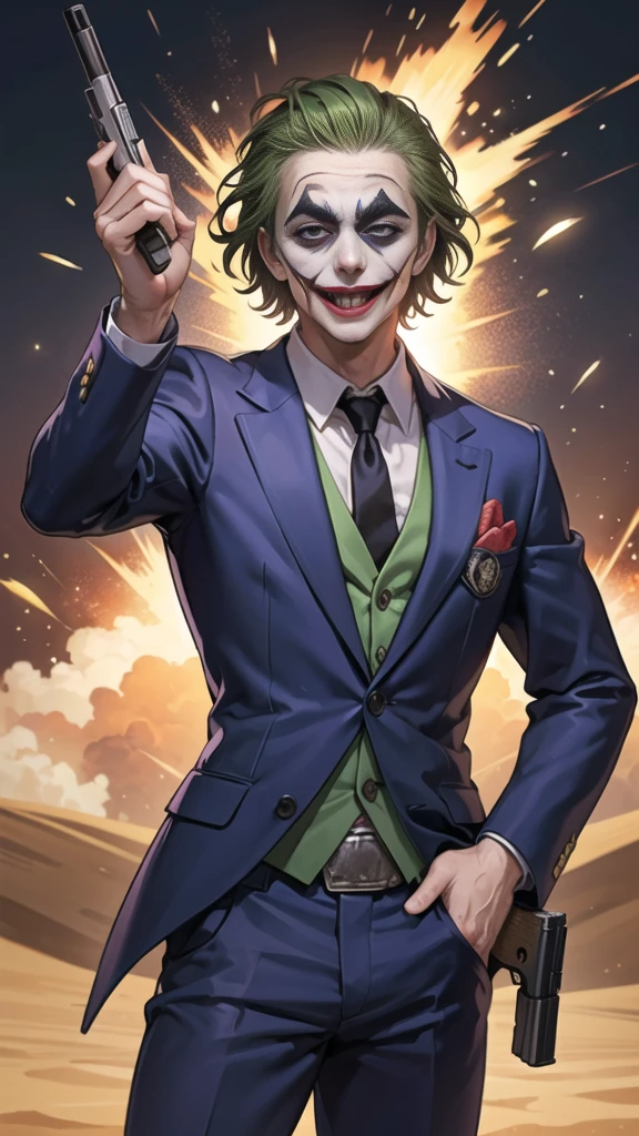 Masterpiece, best quality, The Joker wears a purple suit., , look at viewer, Aim the gun., ถือpistol, look at viewer, stand, , ((pistol)),((Aim the gun.ไปที่ผู้ชม)),gun possession, desert, Laugh and laugh ,explosion from gun , lots of smoke