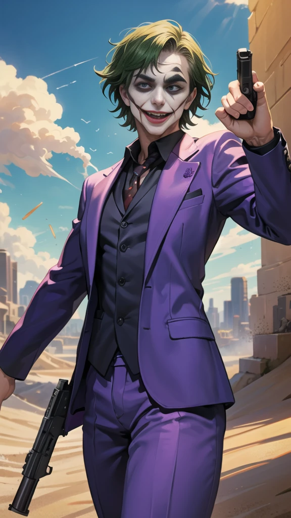 Masterpiece, best quality, The Joker wears a purple suit., , look at viewer, Aim the gun., ถือpistol, look at viewer, stand, , ((pistol)),((Aim the gun.ไปที่ผู้ชม)),gun possession, desert, Laugh and laugh ,explosion from gun , lots of smoke