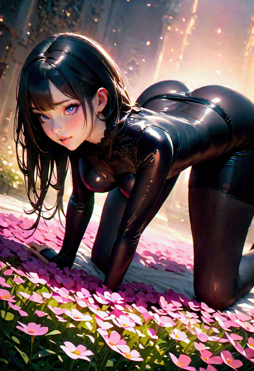 A beautiful erotic woman with a skinny figure with big breasts, moaning face, wearing a black bodysuit and high heels with stockings, kneeling on all fours in a field of flowers, butt plug in ass with a tight pussy, body covered in milk, naked, detailed facial features, large anime eyes, long eyelashes, detailed lips, flawless skin, delicate facial features, highly detailed, intricate design, elegant pose, soft lighting, pastel color palette, romantic, beautiful detailed eyes, beautiful detailed lips, extremely detailed eyes and face, longeyelashes, 1girl, masterpiece, (best quality,8k,highres,photo-realistic:1.37), studio lighting, professionally edited, warm colors, soft lighting, dreamy, elegant, feminine, anime style, porn, nsfw, sexy, hot, waifu, hentai