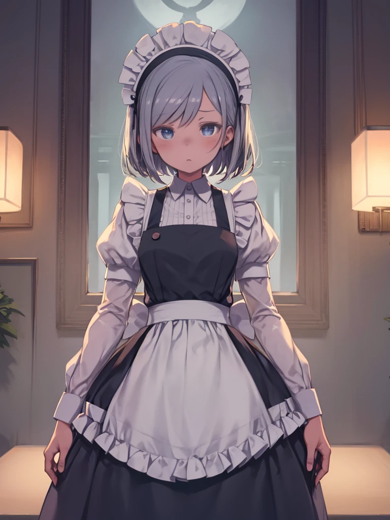 Highest quality, masterpiece, Franziska vkarma, alone, One girl,,Embarrassing, Maid headdress, Maid apron, Maid, In-person audience, Irritation,