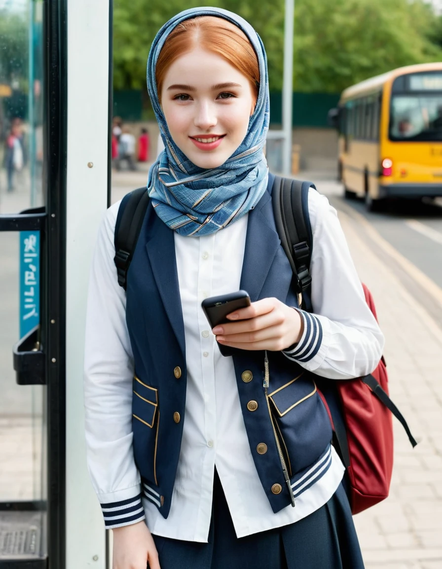 photography full body portrait of very beautiful realistic girl, 18-years-old, holding a smartphone, standing in front of a bus stop, carrying backpack, wear hijab headscarf, uniform with royal Stewart vest, porcelain skin, very fair skin, very pale skin, redhead, detail skin texture, hazel eyes, slanted eyes, small nose, small nostril, think curved eyebrow, thick bottom lip, seductive gaze, happy face, unique face, detail photo, realistic photo, master piece picture, sharp picture, outdoor clear daylight 