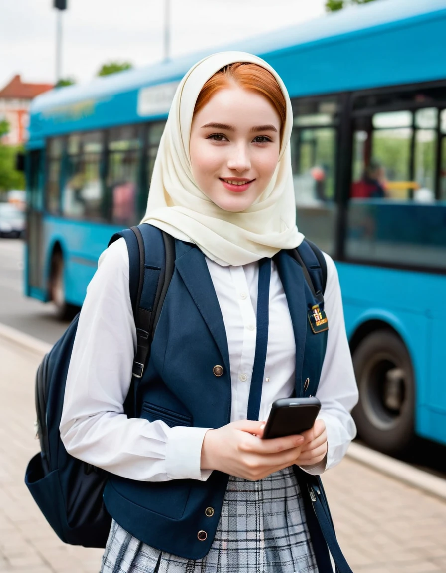 photography full body portrait of very beautiful realistic girl, 18-years-old, holding a smartphone, standing in front of a bus stop, carrying backpack, wear hijab headscarf, uniform with royal Stewart vest, porcelain skin, very fair skin, very pale skin, redhead, detail skin texture, hazel eyes, slanted eyes, small nose, small nostril, think curved eyebrow, thick bottom lip, seductive gaze, happy face, unique face, detail photo, realistic photo, master piece picture, sharp picture, outdoor clear daylight