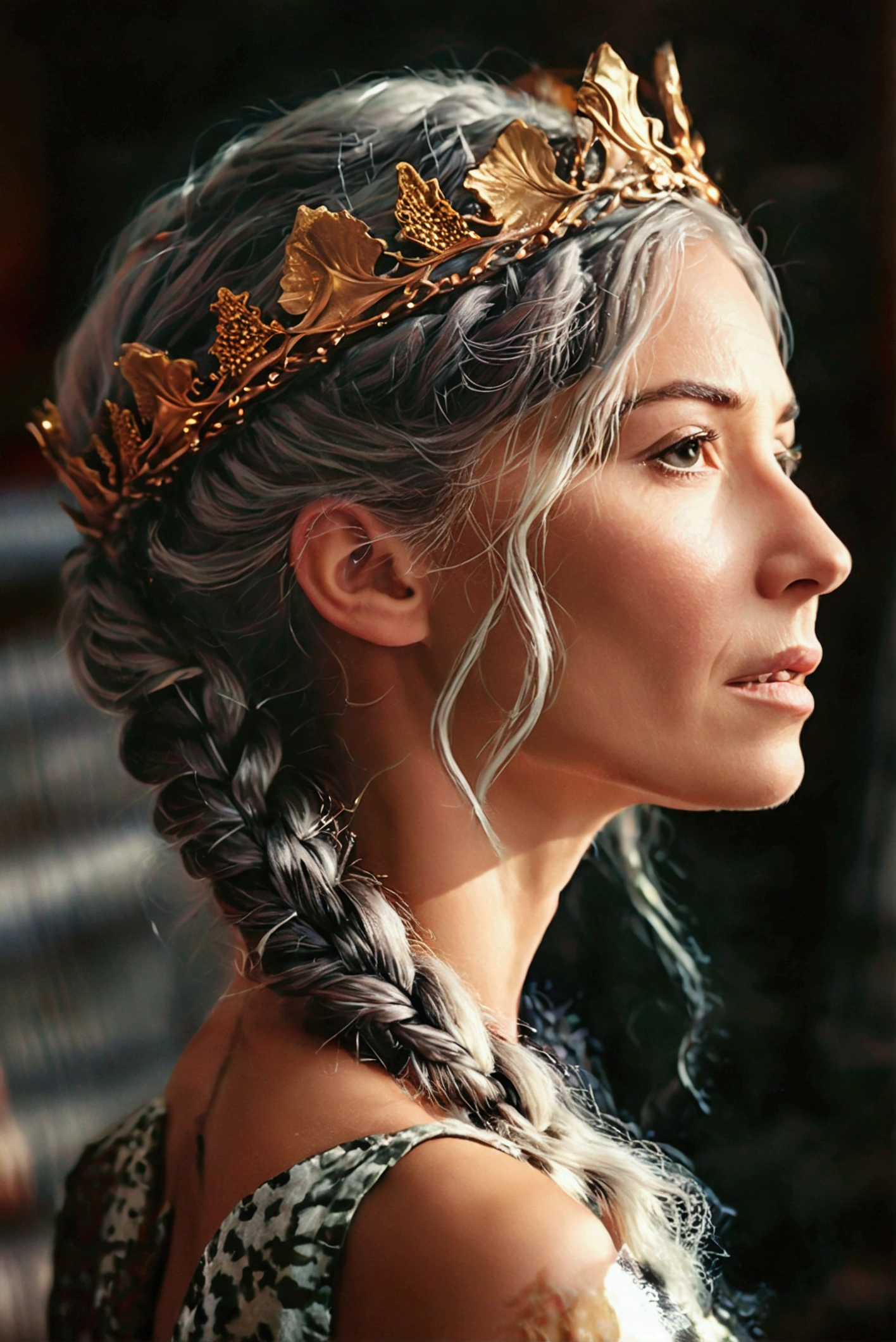 The woman have braided silver hair and a golden crown