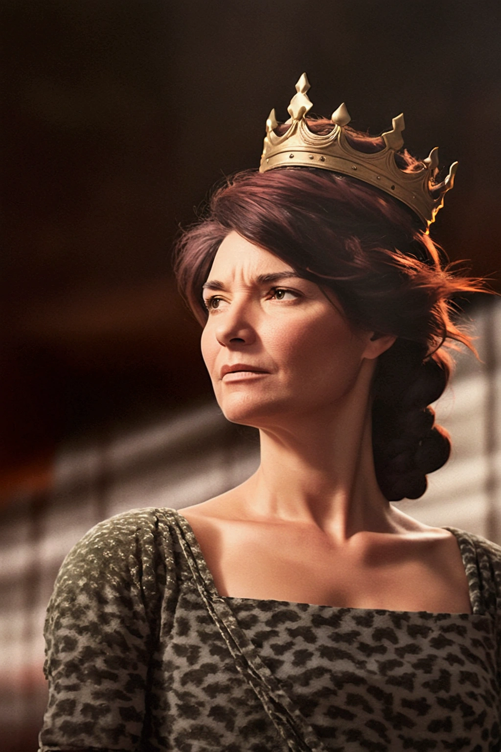 The woman have braided silver hair and a golden crown