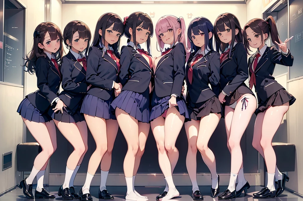 nswf, (masterpiece: 1.2), Highest quality, masterpiece, (Clearer images), (Bright colors), ((Take clear photos even from a distance)), (Multiple Girls), (Harem), (School classmates), (((All school uniforms have the same design))), (((Everyone is wearing the same navy blue skirt))), ((16 years old)), ((prostitution婦)), (prostitution宿, On the bed), (Cute Japanese), ((6 Girls))), ((Group shot)), (Group selfie), ((I can see your butt from your thighs))、 (Head to toe full body view), front, frontやや下からの構図, Symmetric, 15 year old tall girl, alone, (Head to toe),Wide-angle, Soft Light, ((((Laugh with your mouth wide open)))), (Slightly larger breasts), ((prostitution)), (Lure), ((Audiences love it)), (((A lot of hearts are flying))), landscape、(((Showing panties:1.6)))、((((M-shaped legs:1.4)))、((Female masturbation:1.8))、((Grab your chest:1.3)),(((Good elevator:1.2)))、Close one eye、((Young people))、Black Stockings