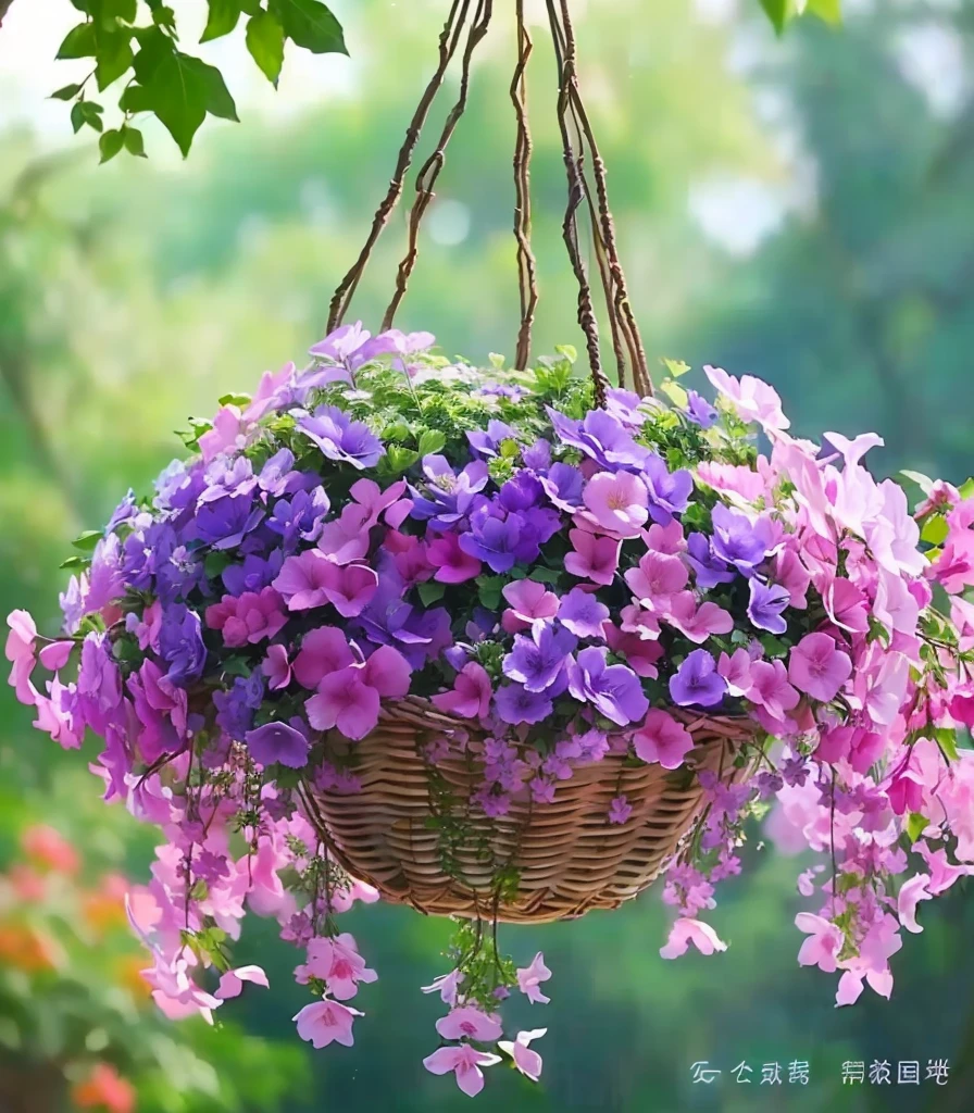 Purple flowers in a basket hanging from a tree branch, Beautiful flowers朵, Beautiful flowers朵 growing, Lush Garden Hanging, beautiful plants, violet flower, Purple flowers, Beautiful flowers, Lively, Hanging plants, Incredibly beautiful, Magic colorful flowers, Lush plant flowers, There are colorful flowers and plants, Sky Garden, Purple and pink, Beautiful images, gardening, Magical flowers