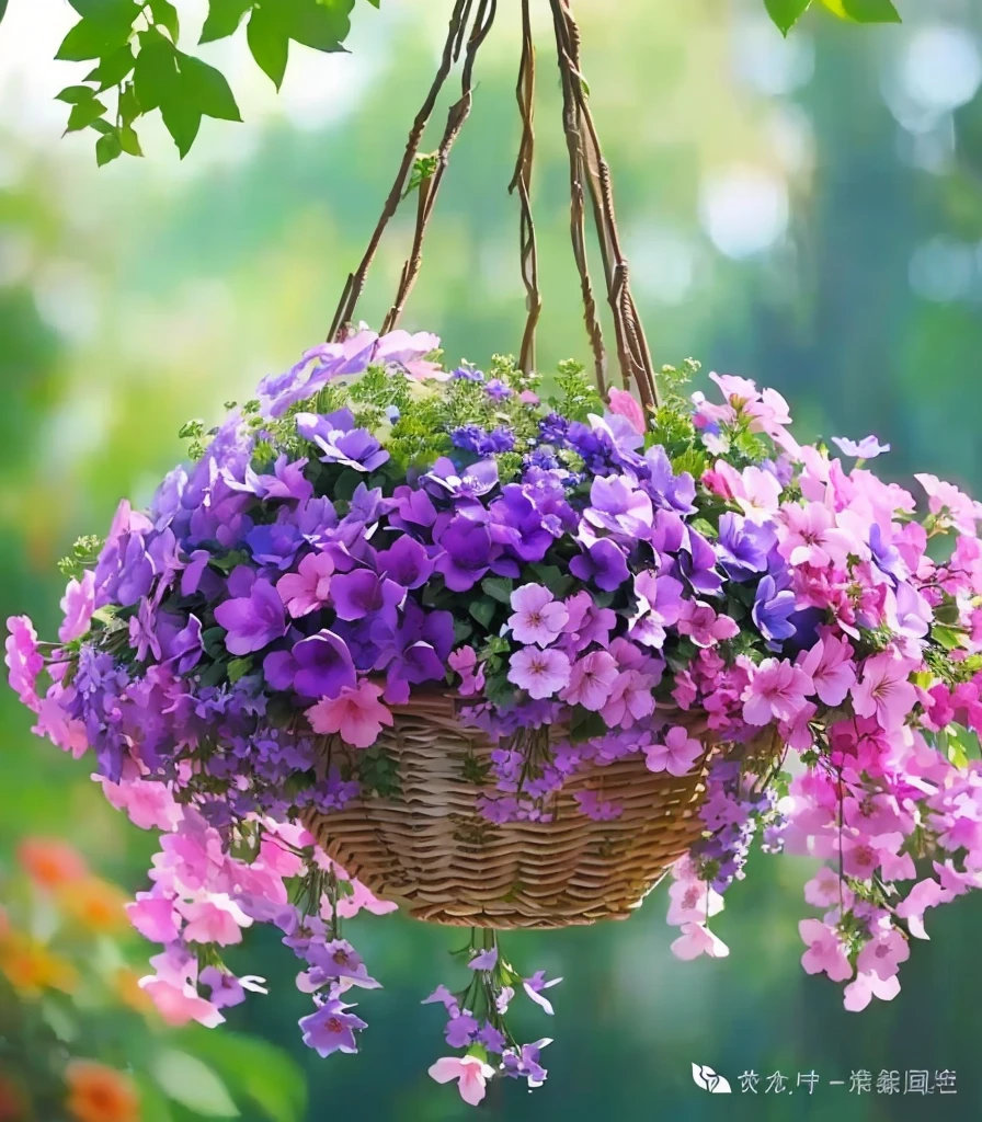 Purple flowers in a basket hanging from a tree branch, Beautiful flowers朵, Beautiful flowers朵 growing, Lush Garden Hanging, beautiful plants, violet flower, Purple flowers, Beautiful flowers, Lively, Hanging plants, Incredibly beautiful, Magic colorful flowers, Lush plant flowers, There are colorful flowers and plants, Sky Garden, Purple and pink, Beautiful images, gardening, Magical flowers