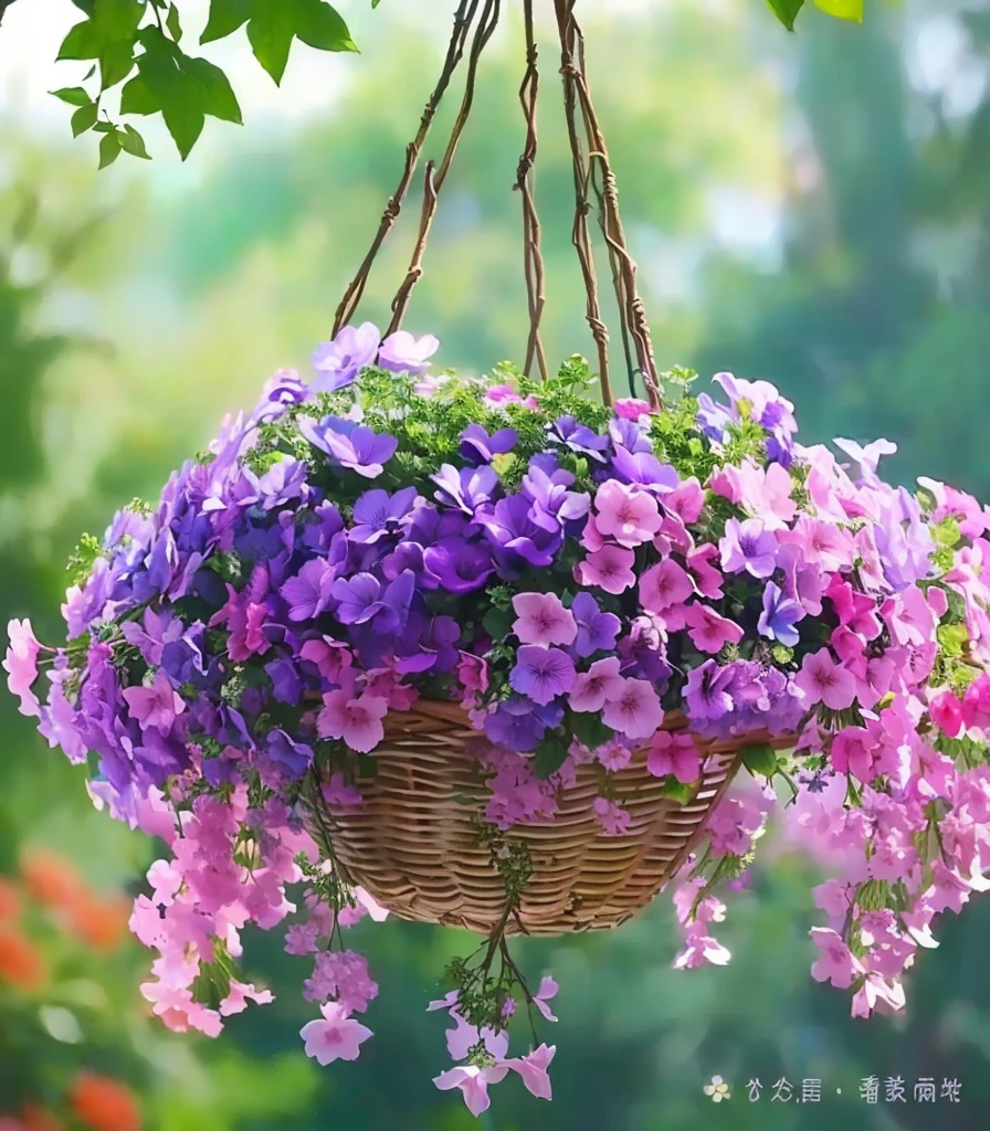Purple flowers in a basket hanging from a tree branch, Beautiful flowers朵, Beautiful flowers朵 growing, Lush Garden Hanging, beautiful plants, violet flower, Purple flowers, Beautiful flowers, Lively, Hanging plants, Incredibly beautiful, Magic colorful flowers, Lush plant flowers, There are colorful flowers and plants, Sky Garden, Purple and pink, Beautiful images, gardening, Magical flowers
