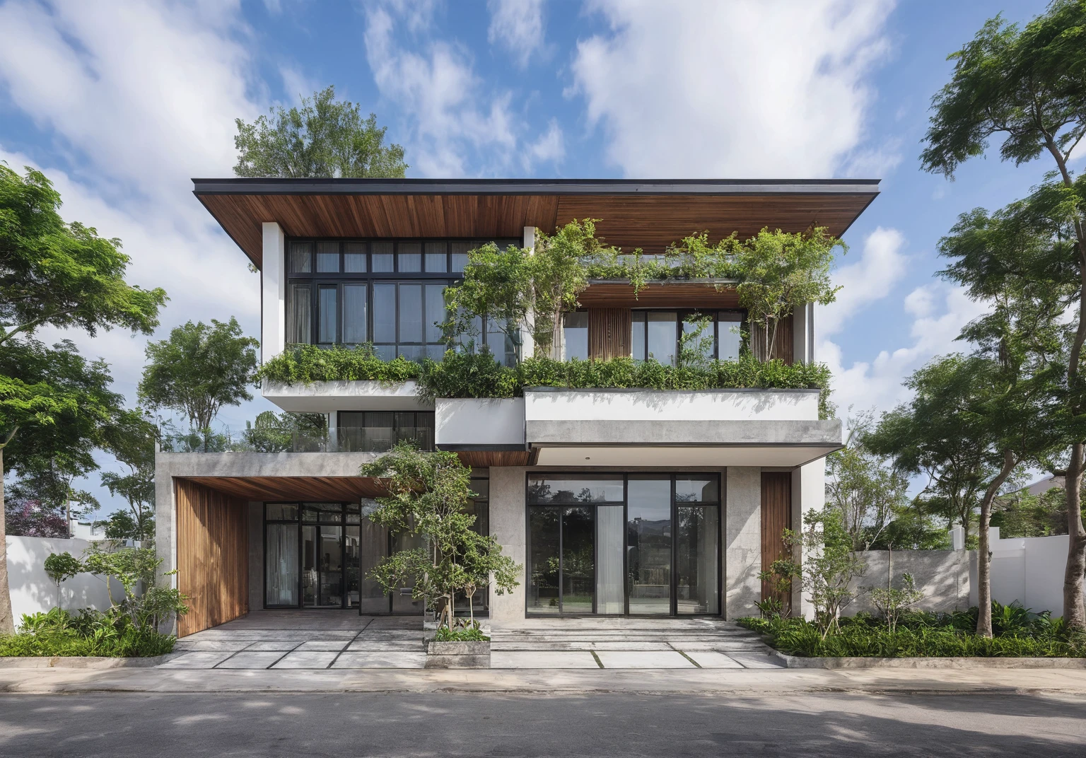 masterpiece, High Quality, best quality, true, super detailed, out side, one-story villa, yay, yaygroup, stone walling, phong cách ngôi nhà hiện đại trên sugar phố, cầu thang, white wall, sugar, pavement, grass, plant, firmament, cloud, (daylight :1.1)