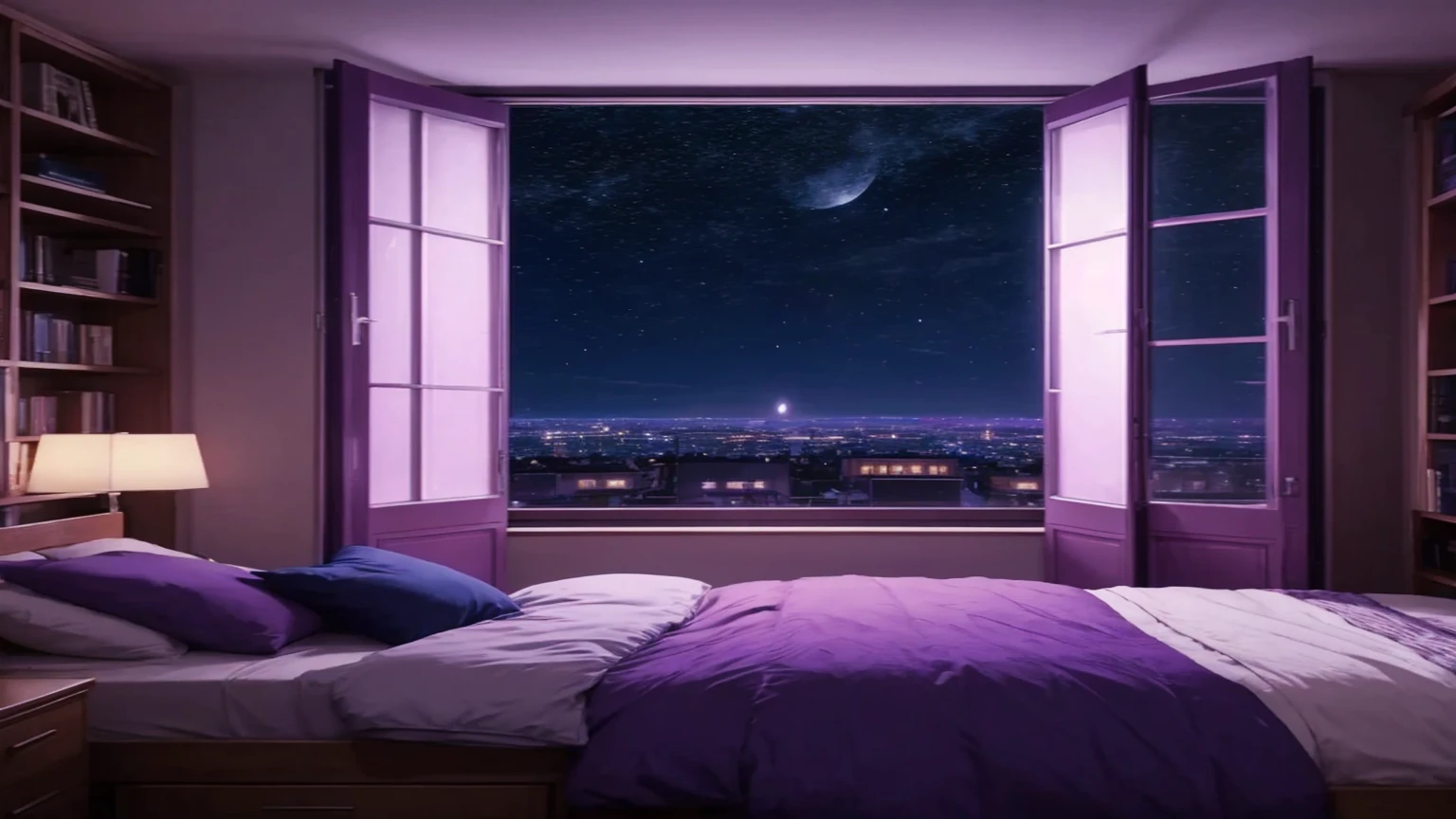 an anime dorm, bed in anime room, Books on anime shelf , comfort, night view anime, starry sky, Moonlight, big windows, cozy landscape cheered up style, cheered up, High Definition, high quality, high detail, super detail, Masterpiece, At night, synth wave colors, purple and blue closed doors