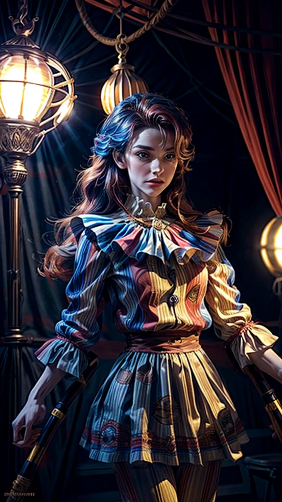 beautiful detailed circus clown, juggling, unicycling, cinematic lighting, highly detailed, 8k, photorealistic, hyperrealistic, dramatic, vibrant colors, warm tones, chiaroscuro lighting, intricate details, masterpiece, professional digital art