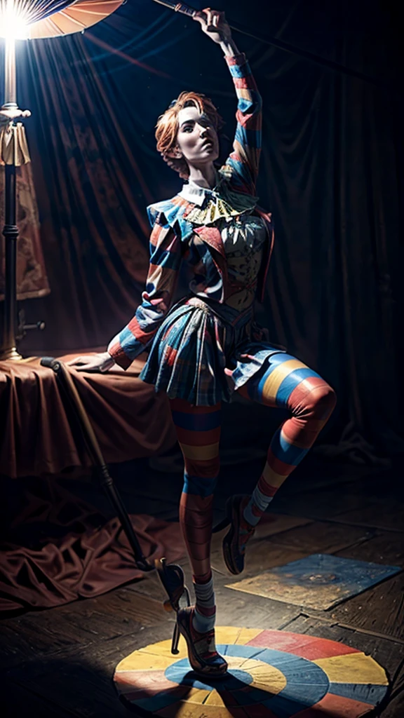beautiful detailed circus clown, juggling, unicycling, cinematic lighting, highly detailed, 8k, photorealistic, hyperrealistic, dramatic, vibrant colors, warm tones, chiaroscuro lighting, intricate details, masterpiece, professional digital art