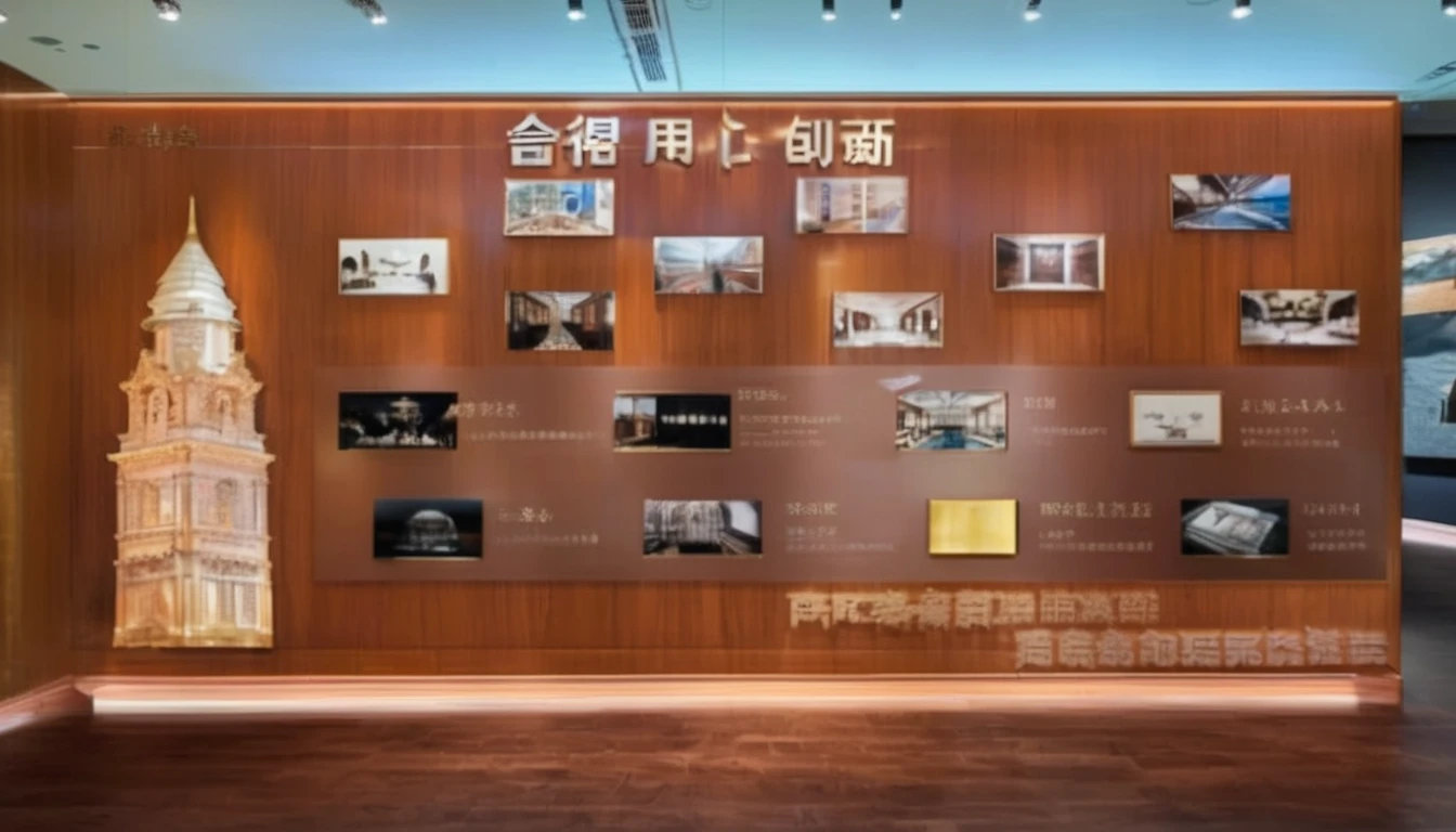 Photos on the wooden wall, Exhibition Hall Scene, On the left is the copper plate engraved bell tower,luxurious、Elegant、Hermès style