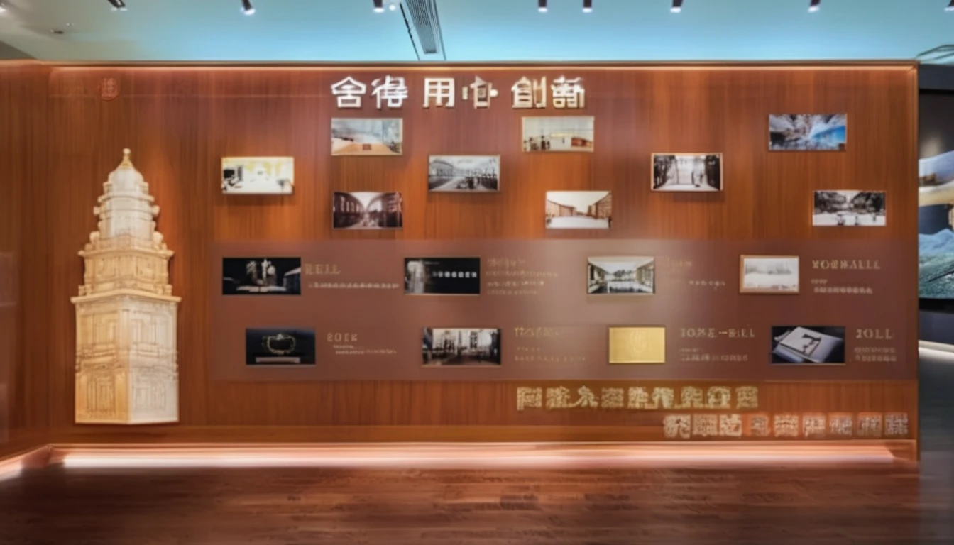 Photos on the wooden wall, Exhibition Hall Scene, On the left is the copper plate engraved bell tower,luxurious、Elegant、Hermès style