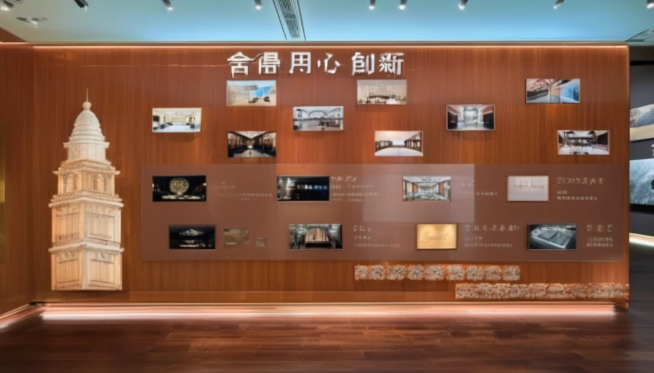 Photos on the wooden wall, Exhibition Hall Scene, On the left is the copper plate engraved bell tower，luxurious、Elegant、Hermès style