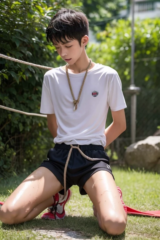  -yeld boskinny, Tilt, Are crying、Wearing shorts，Kneel,Completely tied up with rope，A very tight rope is crisscrossed over the chest,sweating, Wet Skin,It is dirty
