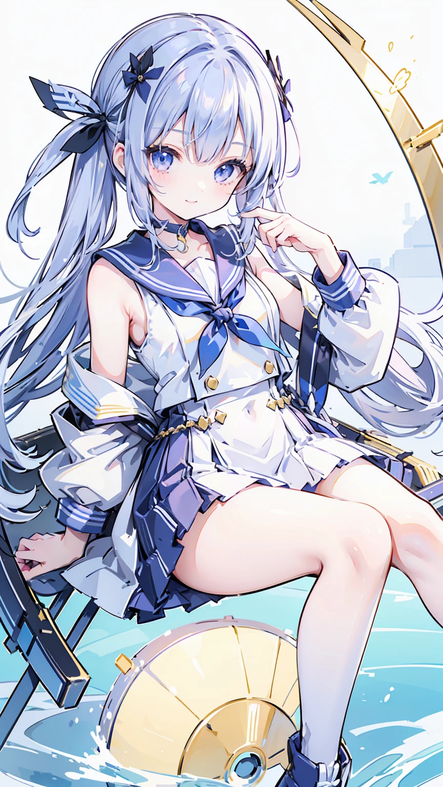 Island Breeze、blush,smile、Silver Hair、Combat Uniform、Sailor suit、Silver Hair、Long Hair、Primary school students、The back is very small、Lolita、Small breasts、Please show me your armpits、exterior: 14 years old、Shoulder Bare、The clavicle is visible、Sexy thighs、Beautiful feet、Usual hairstyle、highest quality, High resolution, unity 8k wallpaper, (shape:0.8), (Beautiful and beautiful eyes:1.6), Highly detailed face, Perfect lighting, Extremely detailed CG, (Perfect hands, Perfect Anatomy),