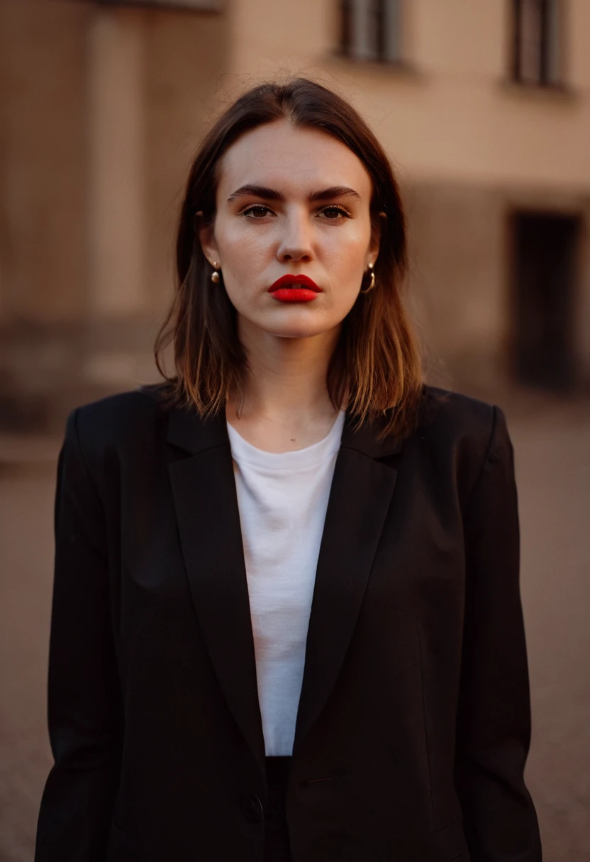 color digital photograph of Lucie Prochazka a woman from czech republic wearing (a black blazer), (a white t-shirt), (black skinny jeans), (black ankle boots), (pearl earrings), (red lipstick), and Slingbacks shoes shot on Nikon Z9 by Denis Karasev, 26 years old, pale skin, (long hair), tiny figure, small breasts, feeling (feeling Hate, Intense, Hostile, Aversion, Anger, Resentment, Disgust, Animosity, Hostility, Loathing, Malice, face: Scowl, Frown, Glare, Narrowed Eyes, Sneer, Lip Curl, Tense Jaw, Raised Eyebrows, Cold Stare, Contempt), at golden hour,full body, masterpiece, natural lighting, (outdoor setting:1.2), warm tones, side lighting, natural skin details, 4k, UHD, masterpiece, detailed eyes, detailed face, detailed skin, perfect hands, perfect feets, photo, high skin detail, moles, imperfect skin, ultra realism, RAW photo, subsurface scattering