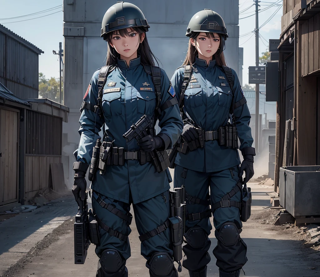 A group of female soldiers wearing blue-black military uniforms,Wear a steel helmet、Military Pants、Individual equipment set、Alert with guns、Write details、masterpiece、best quality、Highly detailed CG、8K picture quality