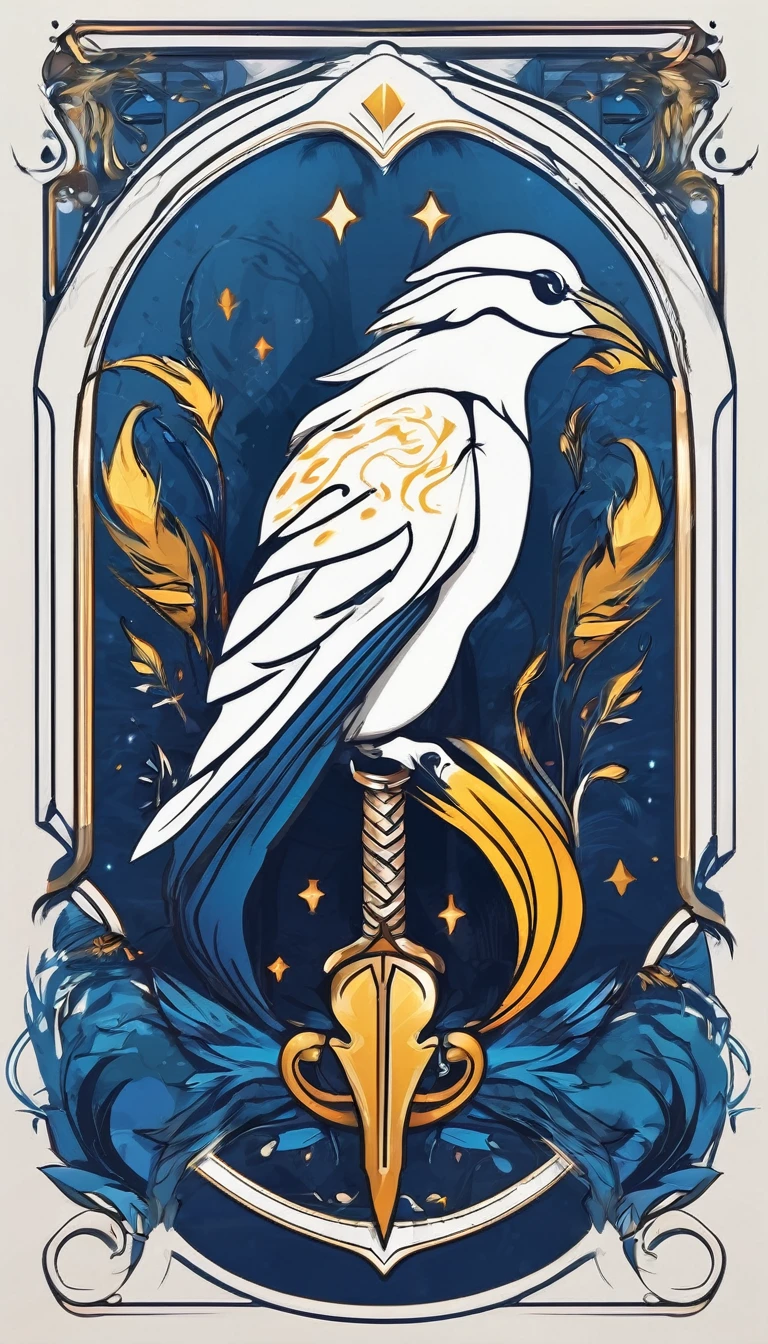 Create a minimalistic, simple, fantastic, easy to understand, logo design of a boy and a feather for an upcoming Fantasy Role Playing Game called " Penamemoria". The game is about a world full of bird and feathers. A boy enters that world and discovers his true artistic identity. Create a logo design that transmits the essence of this videogame. It´s a fantasy game, with fantasy elements. Create the logo in the center and a fantasy theme as background. Use the colours blue, white, yellow in the logo. The logo design must convey a sense of fantasy, dreams and music. Must convey a feeling of being a true Dreamer