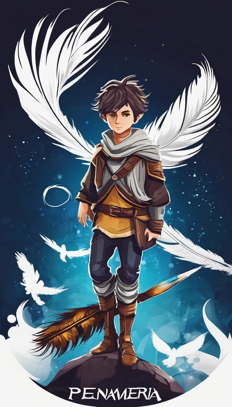 Create a minimalistic, simple, fantastic, easy to understand, logo design of a boy and a feather for an upcoming Fantasy Role Playing Game called " Penamemoria". The game is about a world full of bird and feathers. A boy enters that world and discovers his true artistic identity. Create a logo design that transmits the essence of this videogame. It´s a fantasy game, with fantasy elements. Create the logo in the center and a fantasy theme as background. Use the colours blue, white, yellow in the logo. The logo design must convey a sense of fantasy, dreams and music. Must convey a feeling of being a true Dreamer