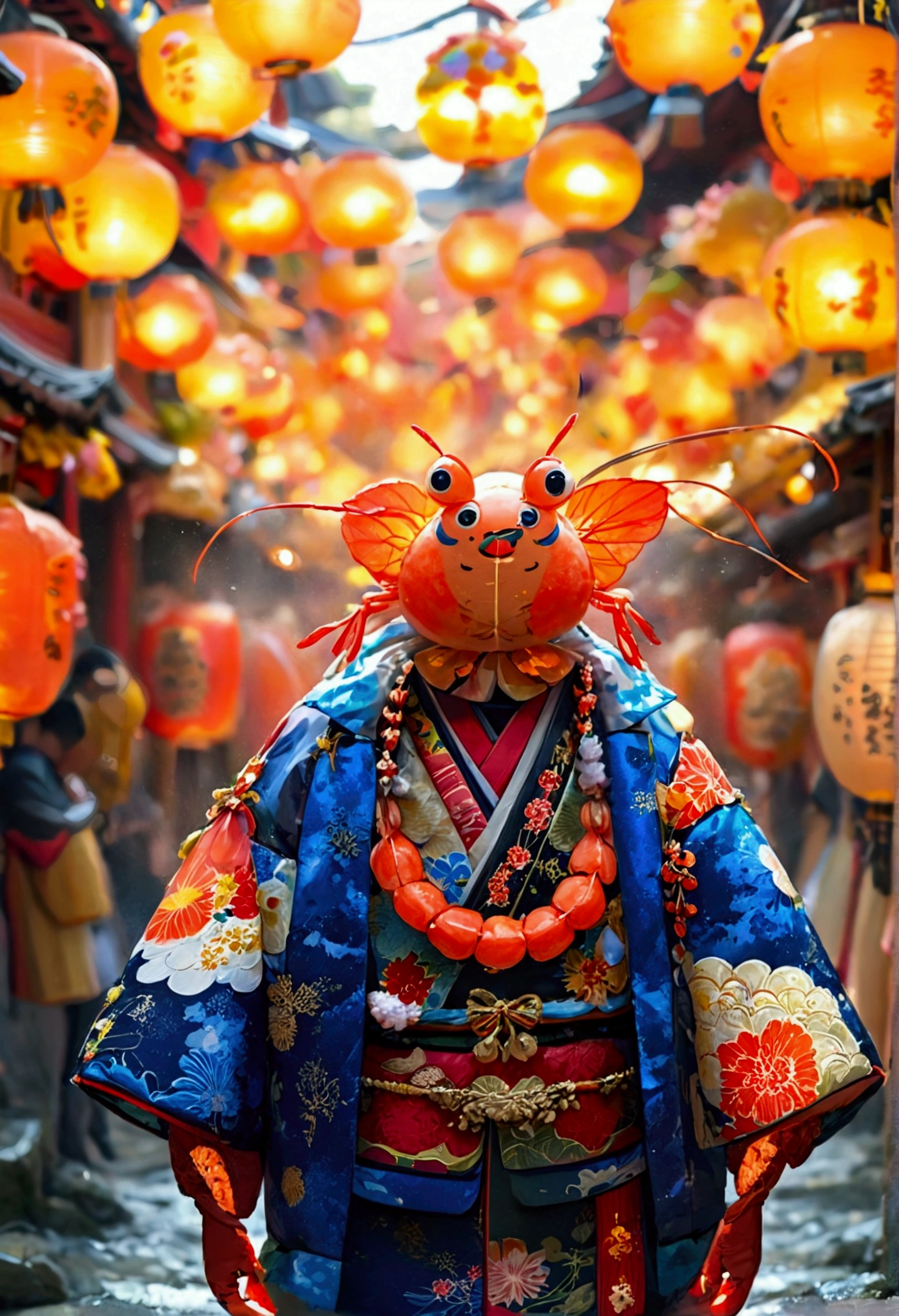 Create an illustration that meets the following criteria: - Shrimp is wearing a festival happi coat -On Earth, humans are having a festival. - Lively floats and portable shrines are also in motion.