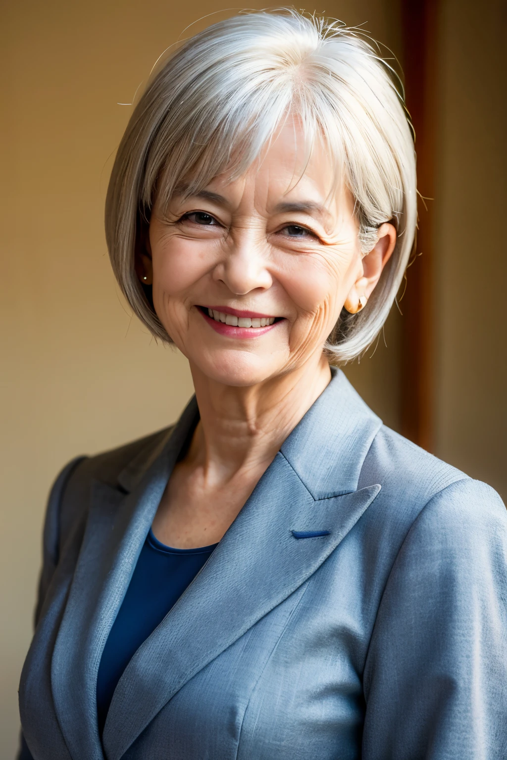 ((Highest quality)), ((masterpiece)), (detailed), Grandmother,smile,70s,Upper Body,Background white,Japanese,suit,Gray Hair,Short Hair