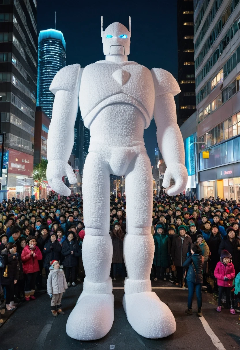 a giant humanoid sculpture made of foam or cotton-like material stands on a city street. The night backdrop features brightly lit skyscrapers, and people are gathered along the street, watching and taking pictures. The entire scene exudes a festive and celebratory atmosphere.