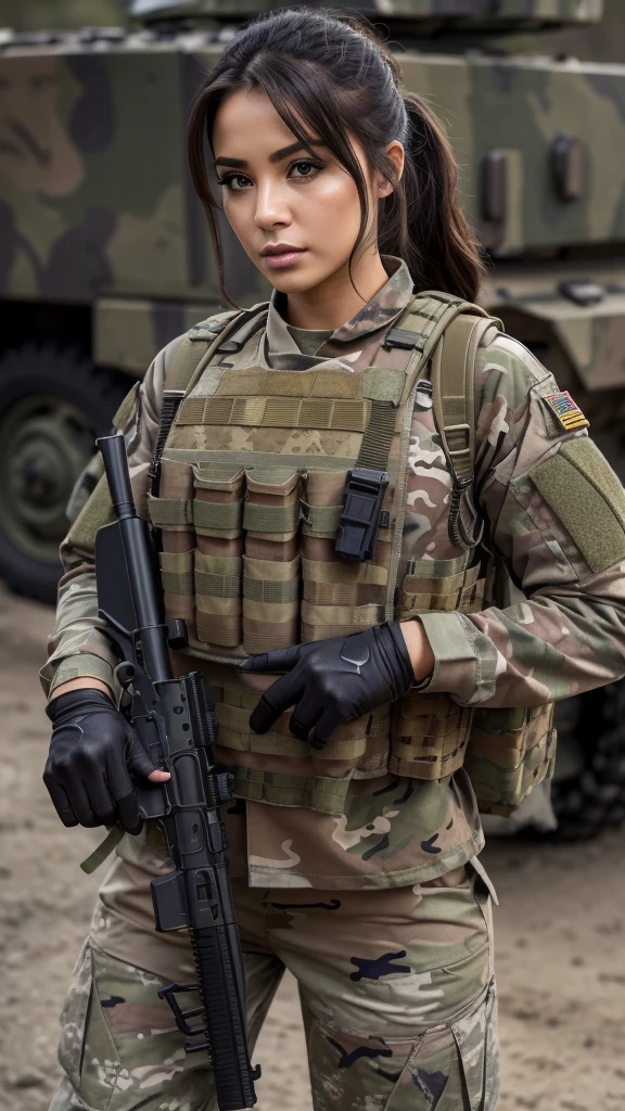 ((​masterpiece、top-quality、realisitic、ultra-detailliert、hight resolution、Photorealsitic、foco nítido、lighting like a movie))、Stunning portrait of a beautiful woman、bustshot、Focus from the chest up、sad Facial expression、Beautiful detailed eyeedium Hair、Army camouflage uniform、Camouflage Tactical Vest、Long trousers with camouflage pattern、Combat gloves、rucksack、Black Military Undershirt、Tanks on the background、White smoke、Detailed hand depiction、Latina, large breast, carrying riffle