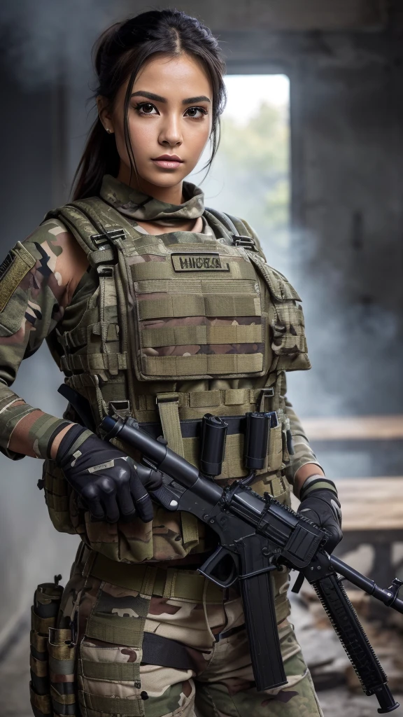 ((masterpiece、top-quality、realisitic、ultra-detailliert、hight resolution、Photorealsitic、foco nítido、lighting like a movie))、Stunning portrait of a beautiful woman、bustshot、Focus from the chest up、sad Facial expression、Beautiful detailed eyeedium Hair、Army camouflage uniform、Camouflage Tactical Vest、Long trousers with camouflage pattern、Combat gloves、rucksack、Black Military Undershirt、Tanks on the background、White smoke、Detailed hand depiction、Latina, large breast, carrying riffle