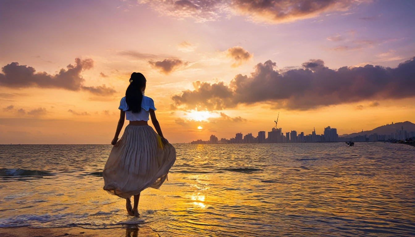 seaside，far away，background，Cable-stayed bridge，Clouds，Sunset，shore，Beach，Water surface gold，A girl in a long skirt，Transparent skirt，No debris near the head，在Beach上跳舞，Silhouette，RAW，uhd，8K，Detailed Details，Best quality，Perfect color matching，Feeling，Soft light，氛围Feeling，Masterpieces shot by international photography masters，National Geographic Photography