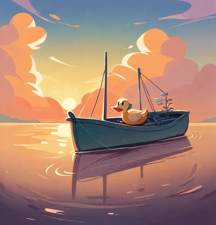 dragonfly，water surface，Advection fog，Light and Shadow，Sky with clouds，Golden sunset，2 little ducks，There is a cute little girl picking lotus flowers on the boat，